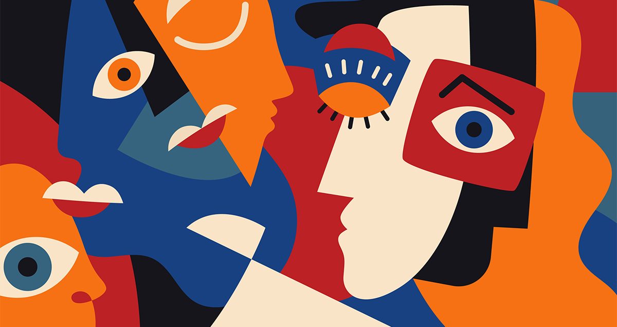 Ilustración de rostros de colores, estilo cubista